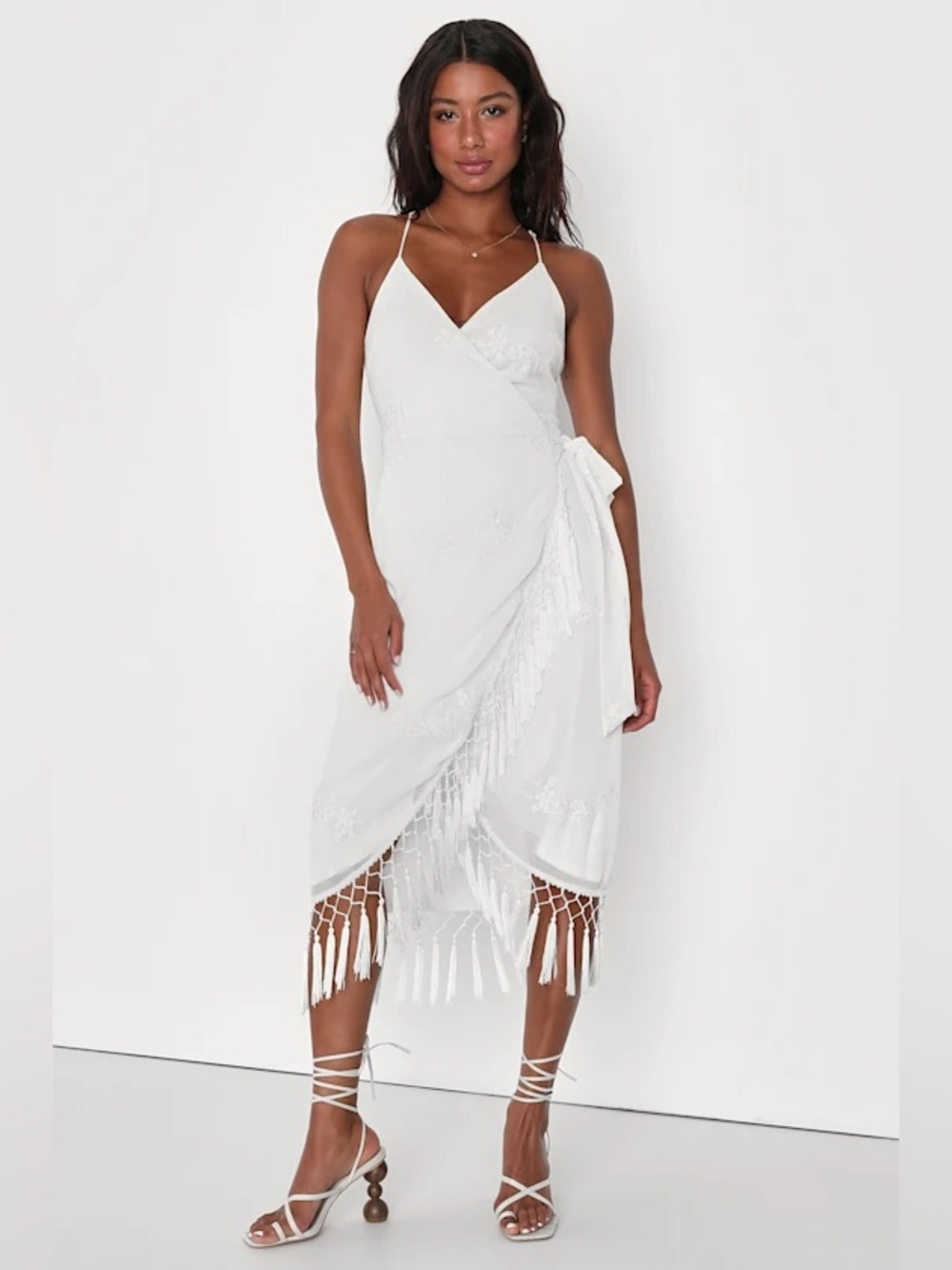 Fun Affair White Floral Embroidered Tassel Midi Wrap Dress Size S